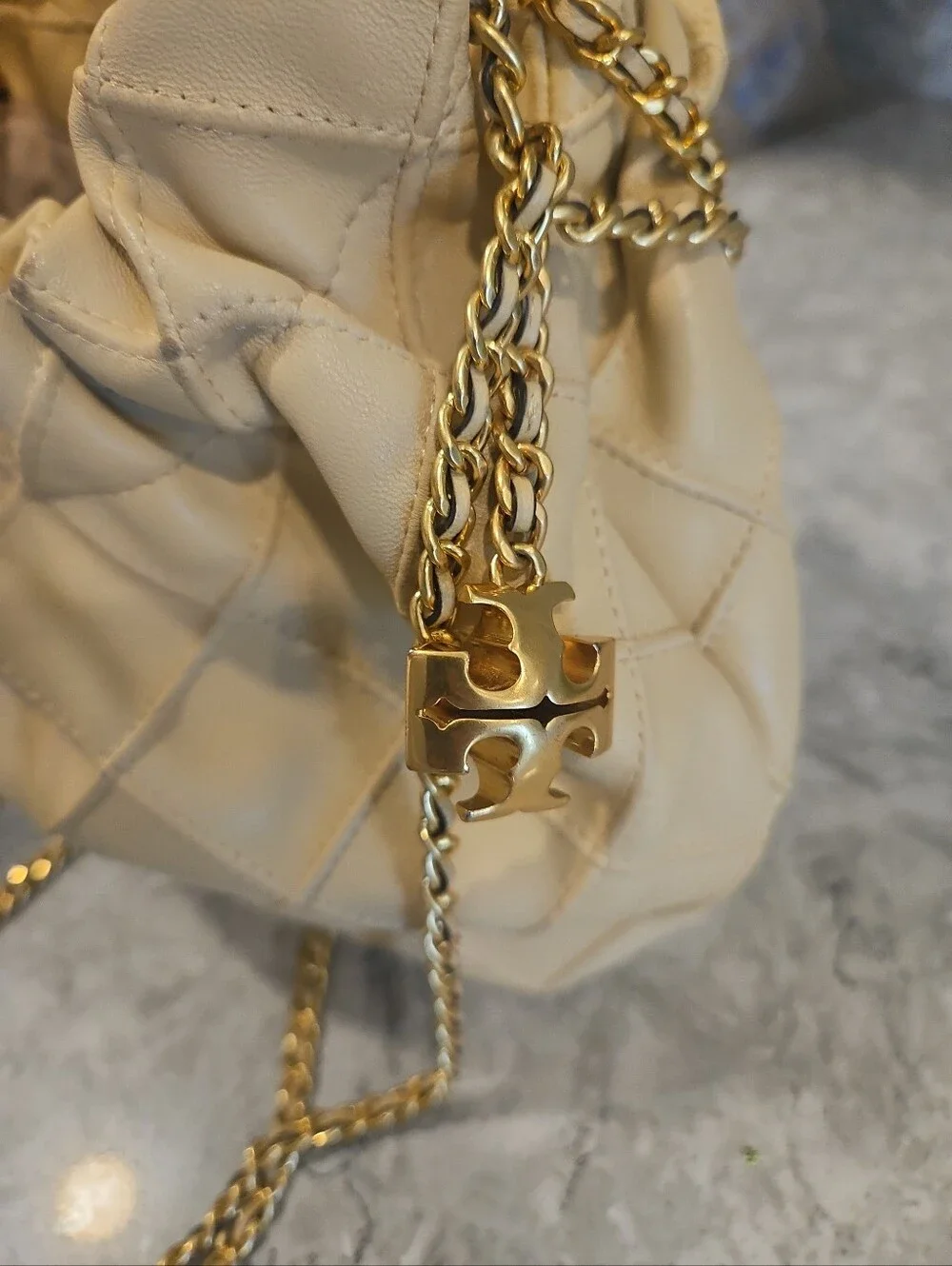 Tory Burch  Mini Fleming Chain Strap Hobo Bag Cream And Gold